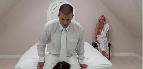  Lusty Mormon teen waits her turn while other one is fucked